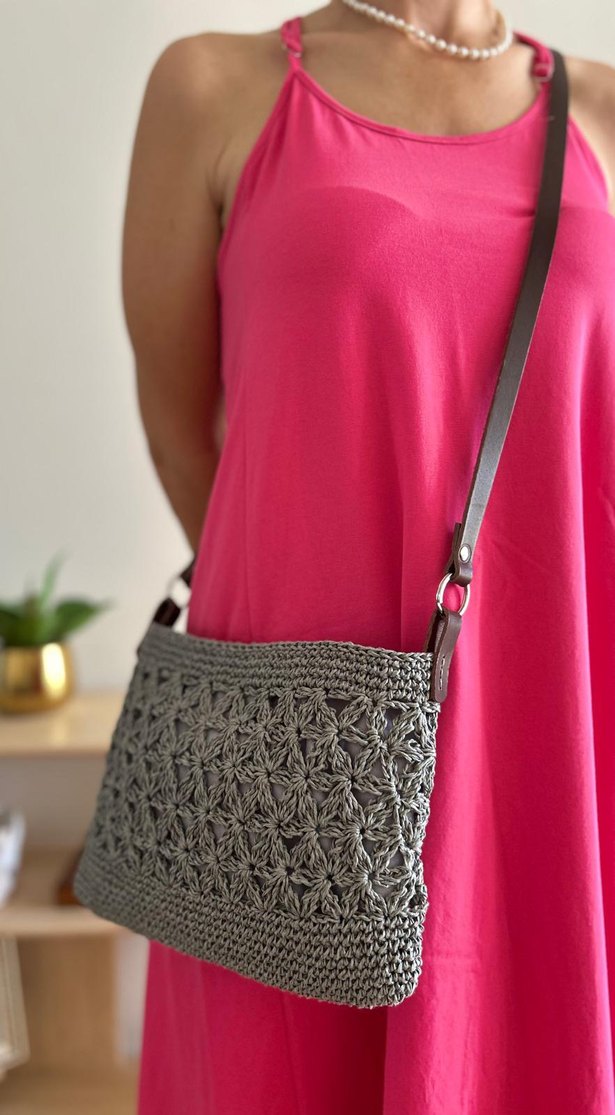 Gri Yıldız Çapraz Çanta | Deri Sap - Görsel 4