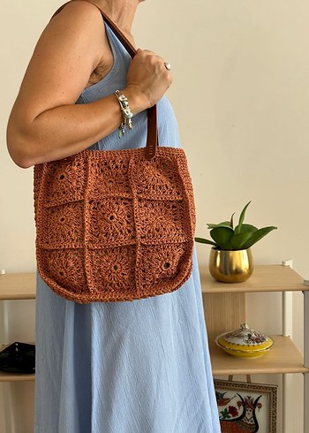 Kağıt İp Motifli Çanta | Deri Sap - Görsel 2