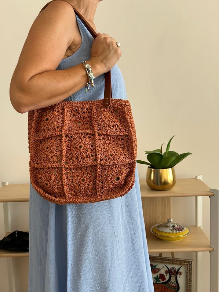 Kağıt İp Motifli Çanta | Deri Sap - Görsel 2