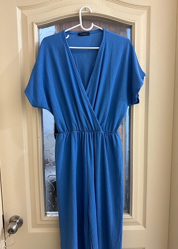 Mavi Keten V Yaka Midi Tulum - Görsel 3