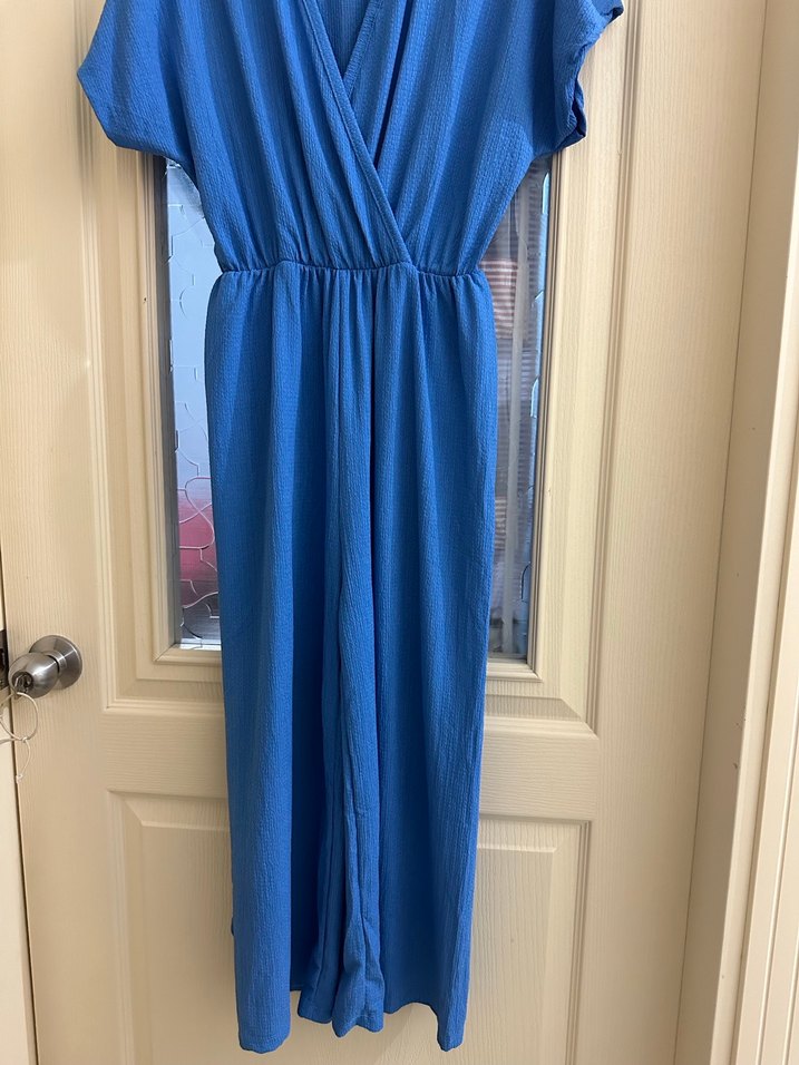 Mavi Keten V Yaka Midi Tulum - Görsel 2