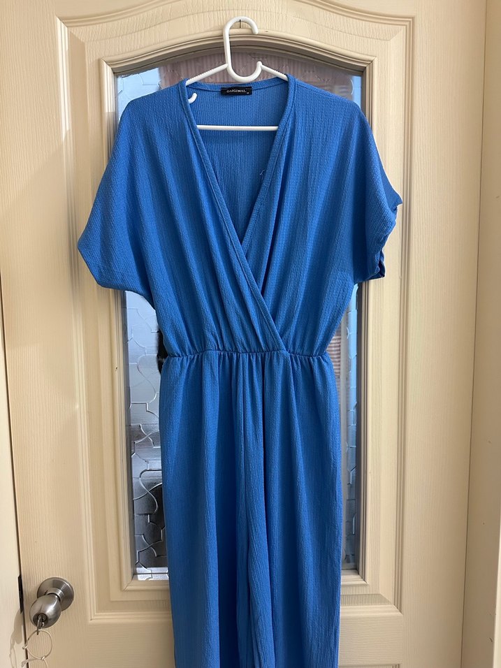 Mavi Keten V Yaka Midi Tulum - Görsel 3