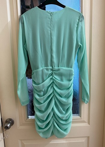 Turkuaz Drapeli Uzun Kollu Kadın Abiye Elbise - Görsel 2