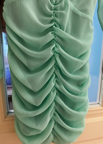 Turkuaz Drapeli Uzun Kollu Kadın Abiye Elbise - Görsel 3