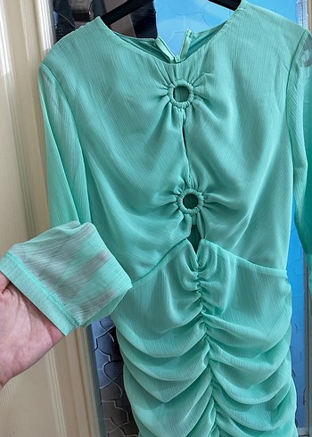 Turkuaz Drapeli Uzun Kollu Kadın Abiye Elbise - Görsel 6