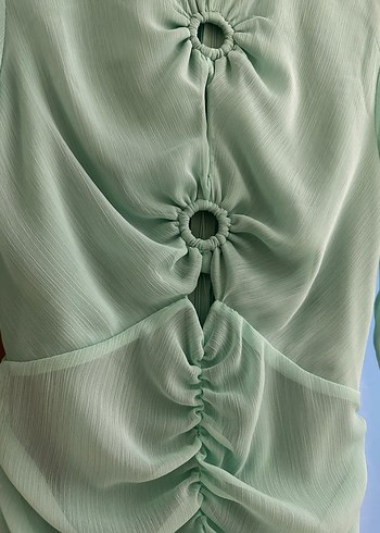 Turkuaz Drapeli Uzun Kollu Kadın Abiye Elbise - Görsel 5