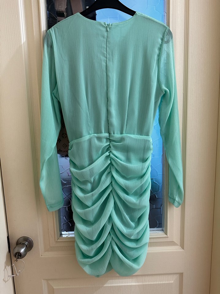 Turkuaz Drapeli Uzun Kollu Kadın Abiye Elbise - Görsel 2