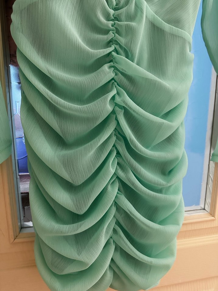 Turkuaz Drapeli Uzun Kollu Kadın Abiye Elbise - Görsel 3