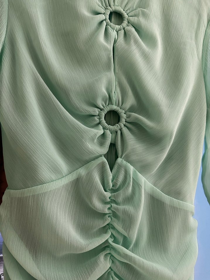 Turkuaz Drapeli Uzun Kollu Kadın Abiye Elbise - Görsel 5