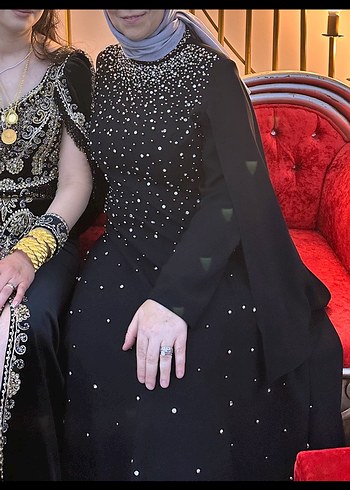 İnci İşlemeli Siyah Uzun Abiye Elbise - Görsel 7