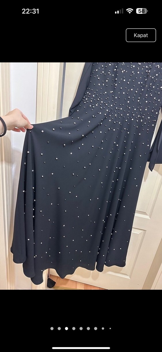 İnci İşlemeli Siyah Uzun Abiye Elbise - Görsel 3