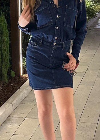 Çiçek Detaylı Lacivert Denim Midi Elbise - Görsel 6