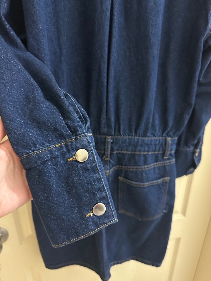 Çiçek Detaylı Lacivert Denim Midi Elbise - Görsel 5