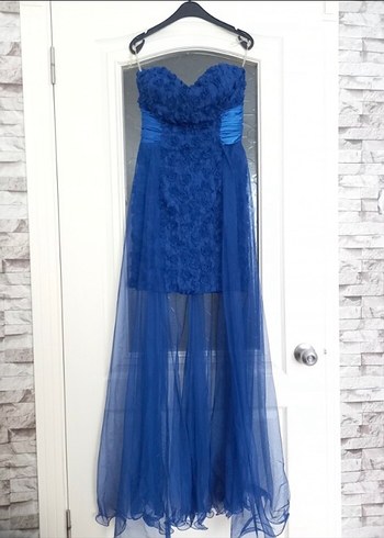 Kadın Mavi Drapeli Uzun Abiye Elbise - Görsel 3