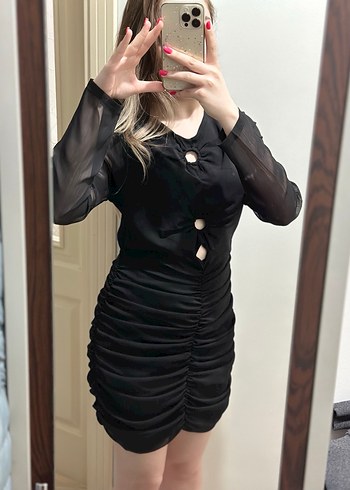 Düğmeli Siyah Gotik Midi Elbise - Görsel 3