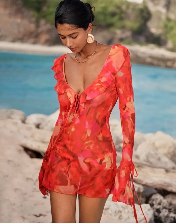 Kırmızı Bağlamalı Uzun Kollu Mini Pareo - Görsel 2