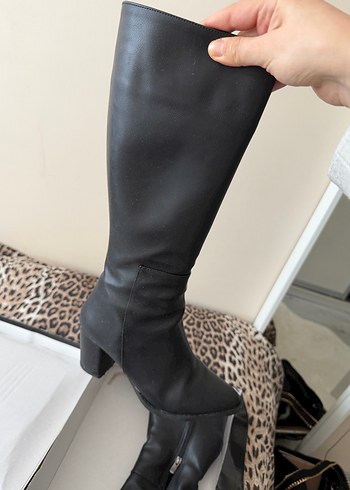 Siyah Deri Kadın Dizüstü Topuklu Çizme - Görsel 2