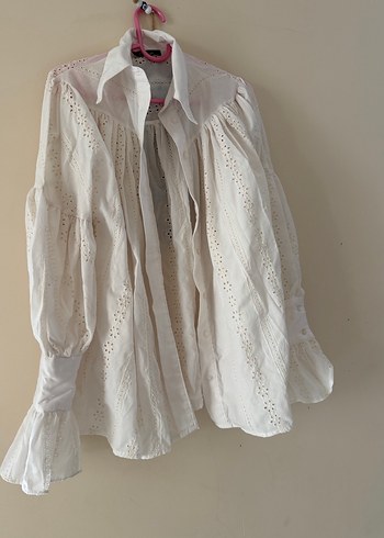 Dantel Detaylı Beyaz Keten Kadın Gömlek - Görsel 2