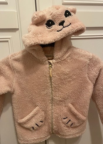 24-36 Ay Beden Kapüşonlu Pembe Leopar Desenli Kız peluş hırka