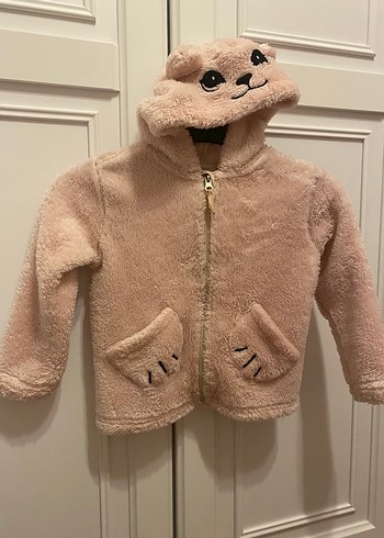Kapüşonlu Pembe Leopar Desenli Kız peluş hırka