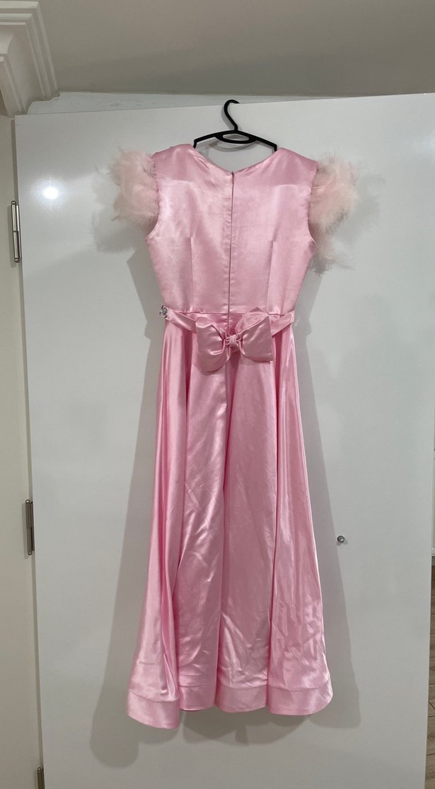 Kızlar için Pembe Saten Fırfırlı Elbise - Görsel 2