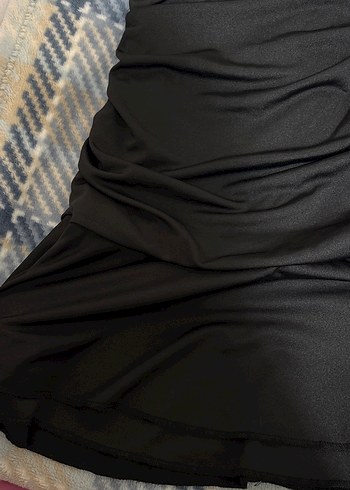 Drapeli Siyah Straplez Mini Elbise - Görsel 6