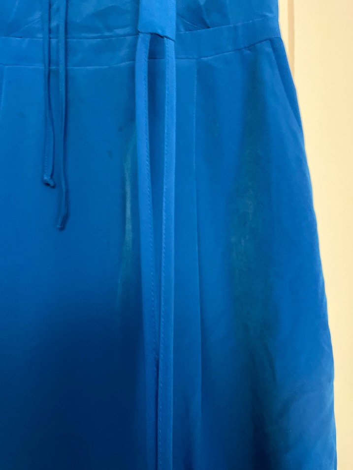 Mavi Midi Saten Volanlı Kolsuz Elbise - Görsel 5