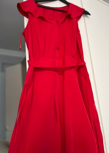 Fırfırlı Kırmızı Midi Abiye Elbise - Görsel 7