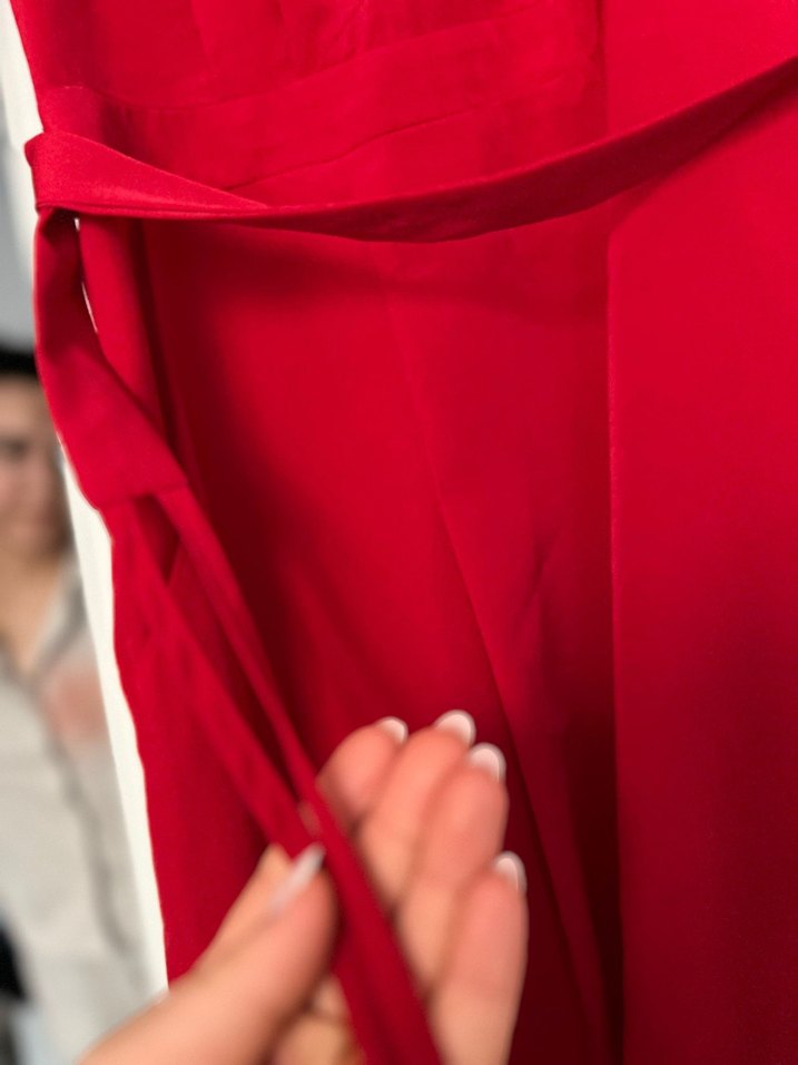 Fırfırlı Kırmızı Midi Abiye Elbise - Görsel 3