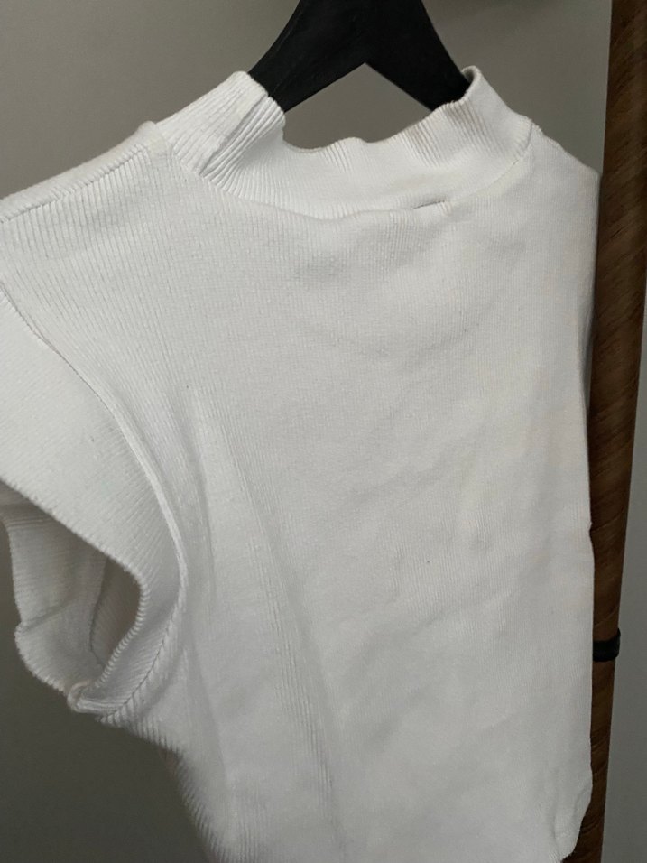 Beyaz Kısa Kollu Triko Kadın bluz - Görsel 4