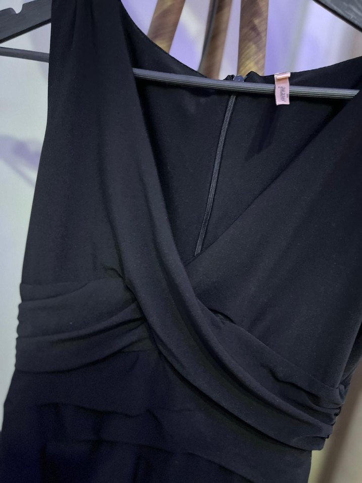 Uzun Siyah Drapeli Strappy Kadın Elbise - Görsel 3