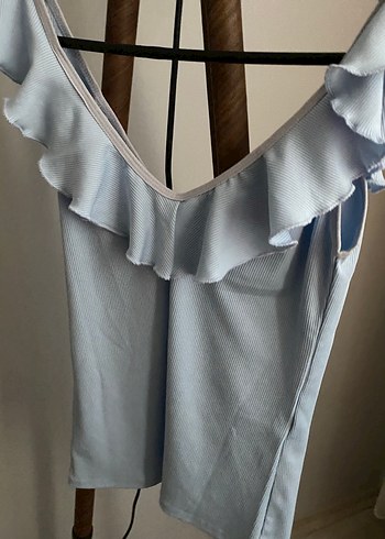 Mavi V Yaka Fırfırlı Kolsuz  Bluz - Görsel 4