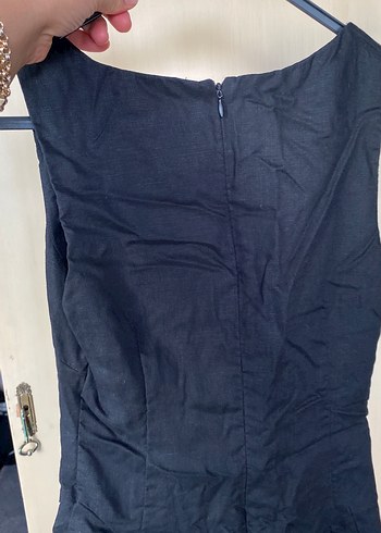 Kolsuz Siyah Midi Keten Elbise - Görsel 3