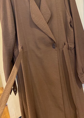 Kahverengi Uzun Keten Trençkot - Görsel 3