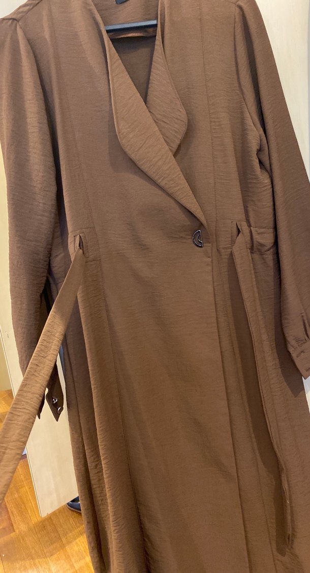 Kahverengi Uzun Keten Trençkot - Görsel 3