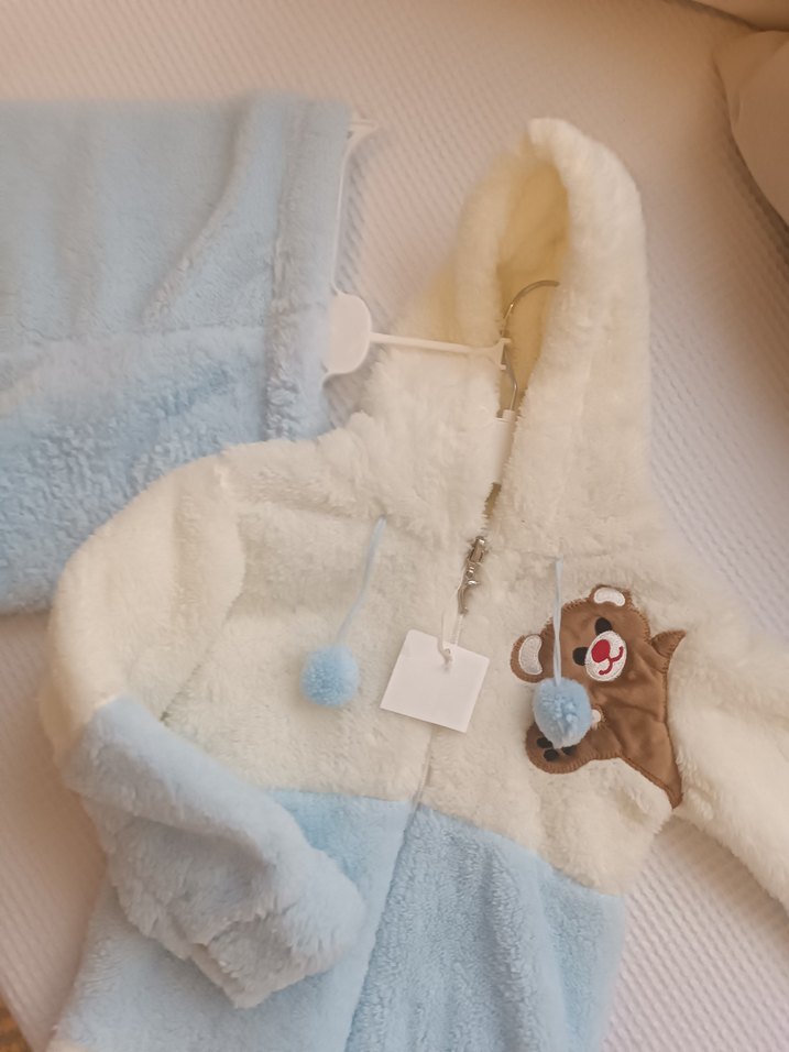 Bebek Erkek Peluş pijama alt üst, Nakışlı, Beyaz & Pastel Mavi - Görsel 3