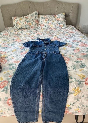 Kadın Mavi Kısa Kollu Uzun Denim Tulum - Görsel 2