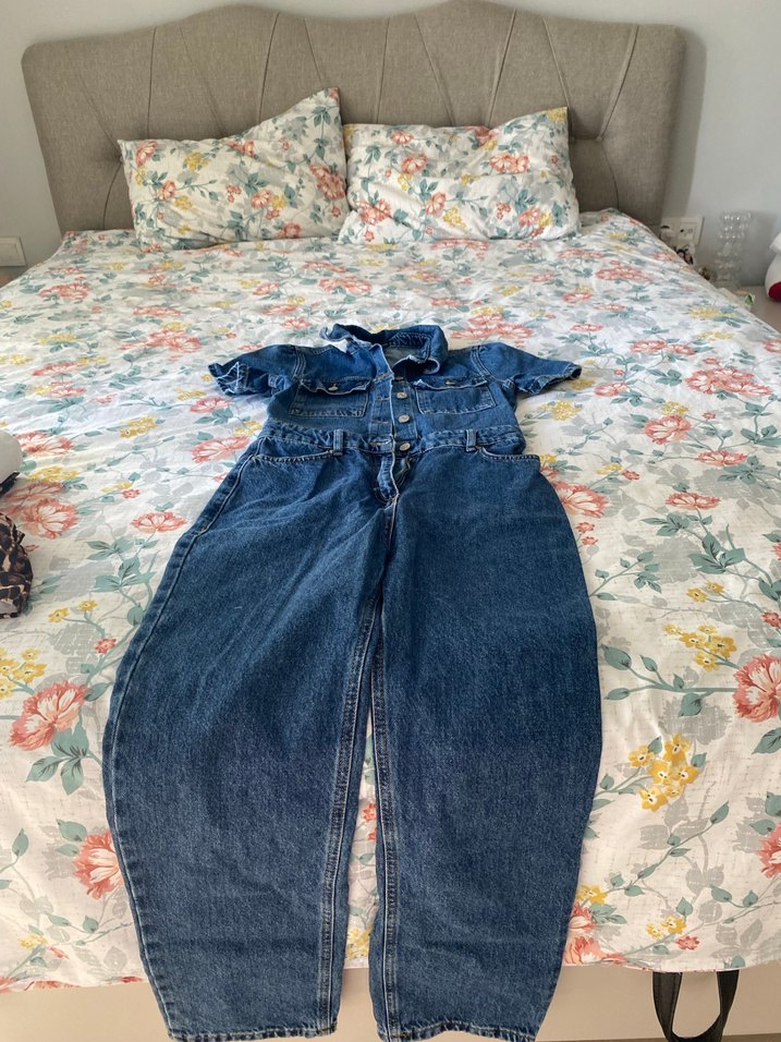 Kadın Mavi Kısa Kollu Uzun Denim Tulum - Görsel 2