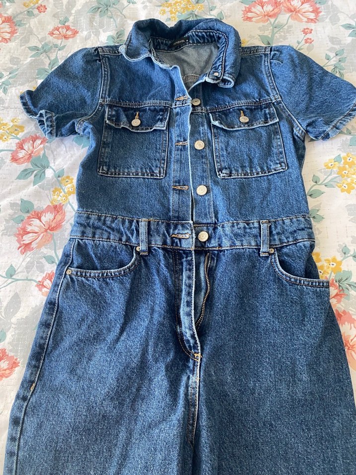 Kadın Mavi Kısa Kollu Uzun Denim Tulum - Görsel 3