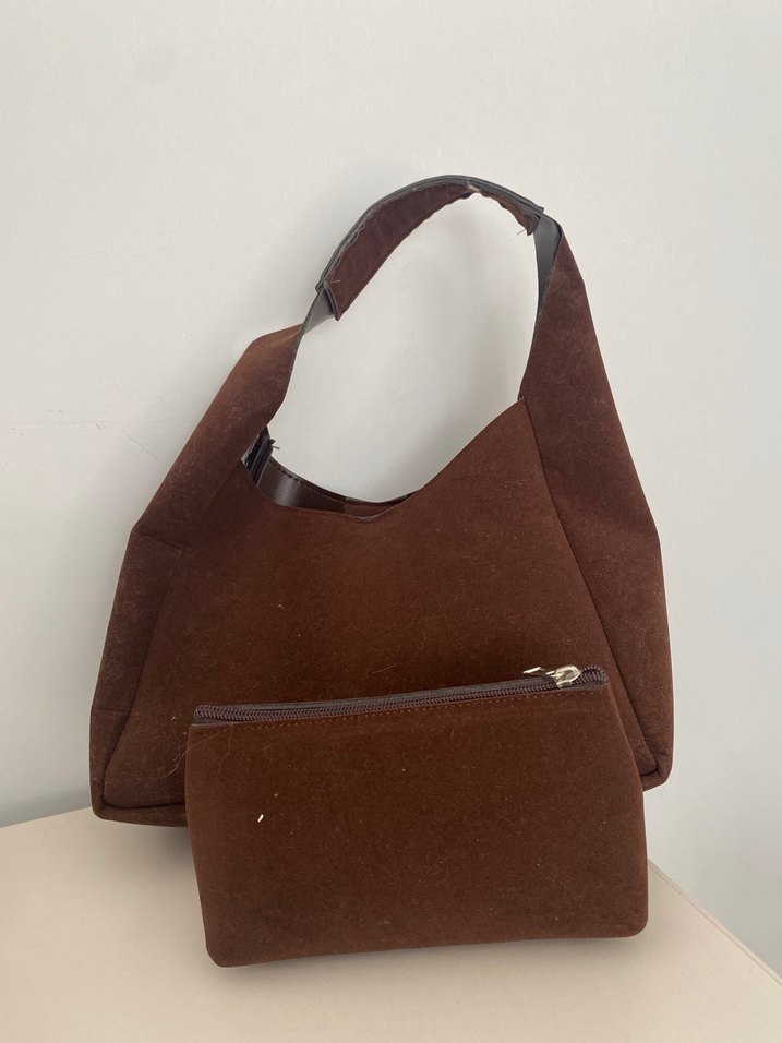 Kahverengi Süet Kadın Çanta Seti - Görsel 2