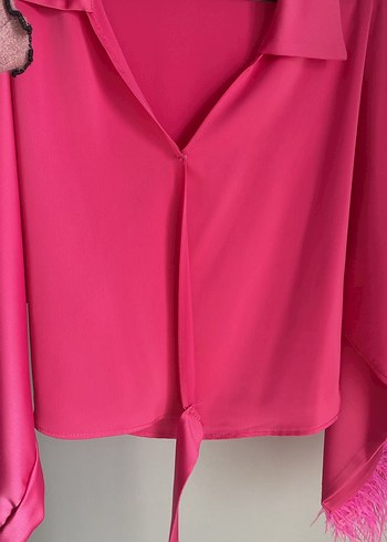 Pembe Mini Kuşaklı Kadın saten Gömlek - Görsel 2