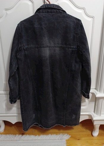 Siyah Düğmeli Uzun Kot Ceket - Görsel 4