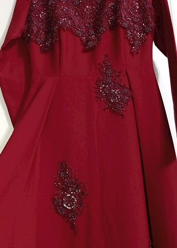Bordo İşlemeli Uzun Kollu Abiye Elbise - Görsel 4