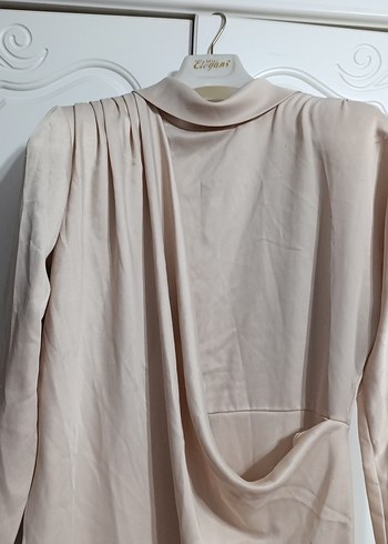 Bej Uzun Keten Elbise, Drapeli, Yüksek Yaka - Görsel 2