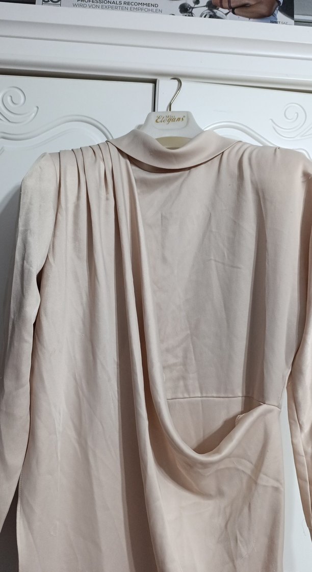 Bej Uzun Keten Elbise, Drapeli, Yüksek Yaka - Görsel 2