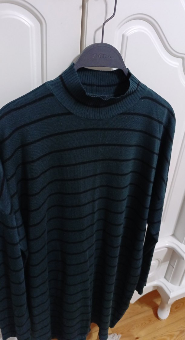 Gri Çizgili Kadın Boğazlı Triko Kazak - Görsel 2