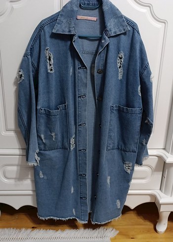 Düğmeli Uzun Mavi Kadın Denim Ceket - Görsel 2