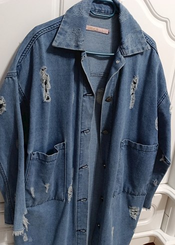 Düğmeli Uzun Mavi Kadın Denim Ceket - Görsel 3