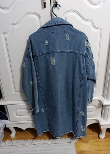 Düğmeli Uzun Mavi Kadın Denim Ceket - Görsel 5