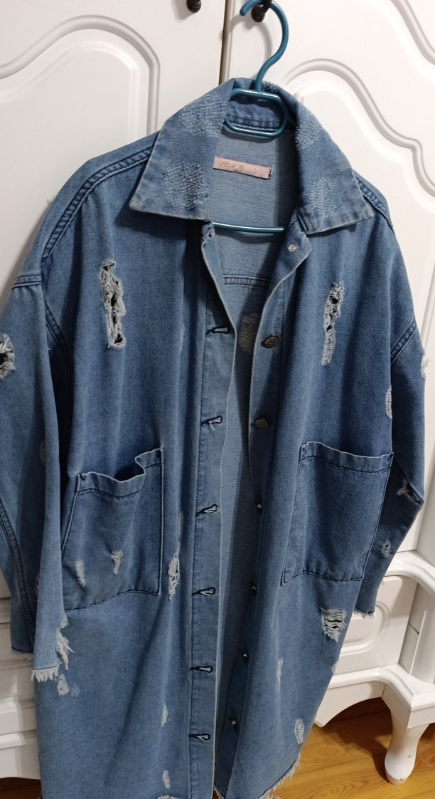 Düğmeli Uzun Mavi Kadın Denim Ceket - Görsel 3